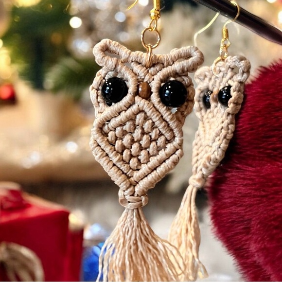 Owl macrame earrings 70s vibes Macrame Wood Hypoallergenic Ear wires Adorable - Picture 5 of 15